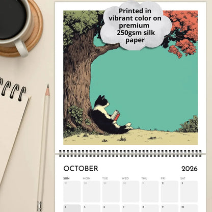 Calendar for October 2026 with a cat reading under a tree illustration, placed on a surface with a cup of coffee and pencil.