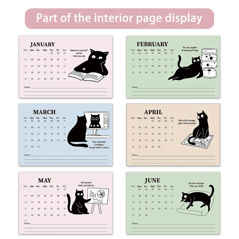 Set of six calendar pages with cat illustrations for each month.