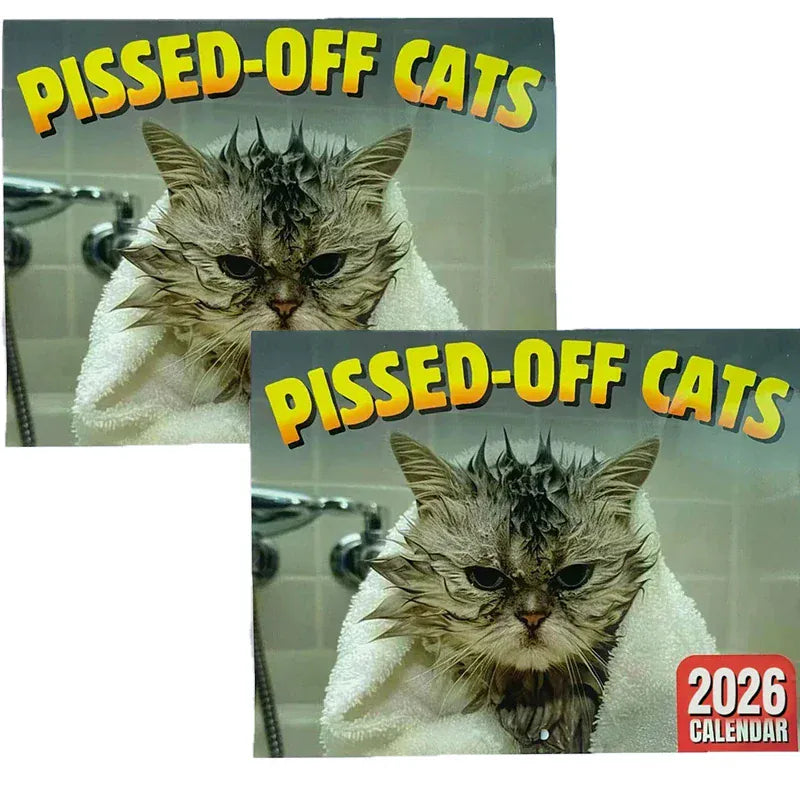 Calendar cover with a cat wrapped in a towel and 'Pissed-Off Cats' text, featuring a 2026 release.