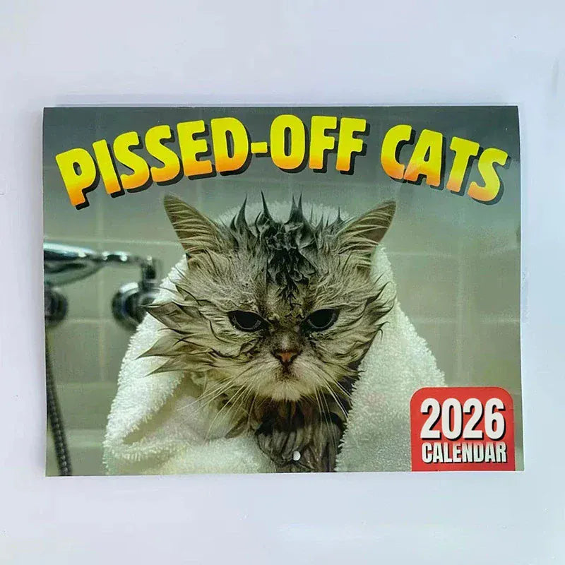 Calendar cover with a cat and 'Pissed-Off Cats' text on a white background