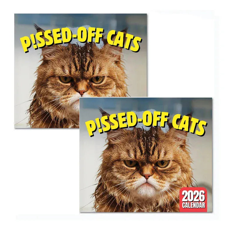 Two 'Pissed-Off Cats' 2026 calendar covers with a cat's face and text.