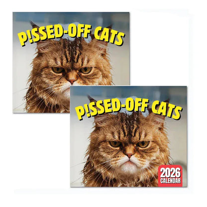 Two 'Pissed-Off Cats' 2026 calendar covers with a cat's face and text.