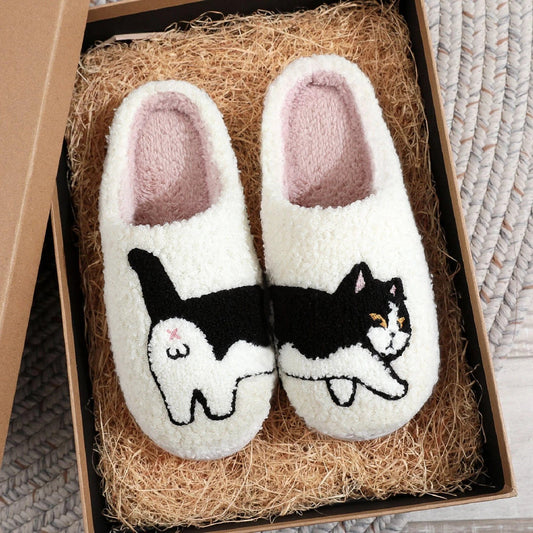 black and white cat slippers for women indoor use

