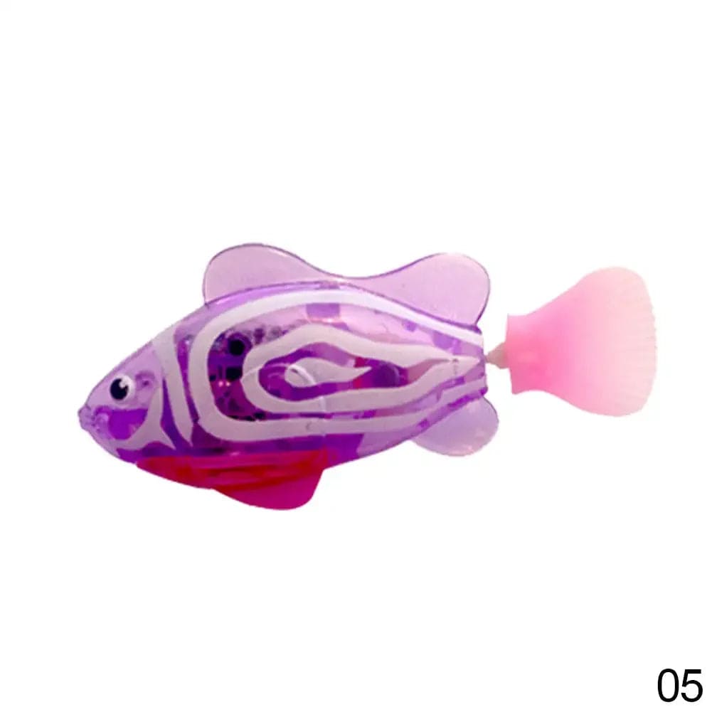 A pink and purple cat toy which is a fish shaped toy and is electric