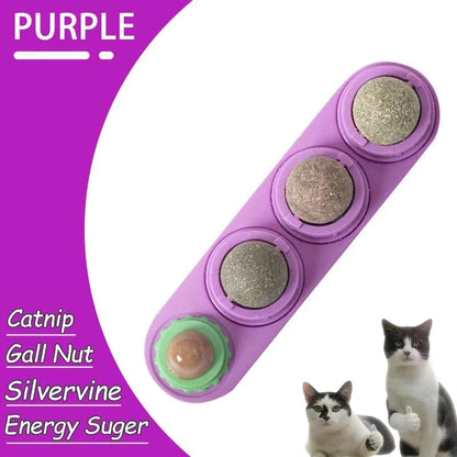 Purple pet toy with catnip, gall nut, silvervine, and energy sugar on a purple background