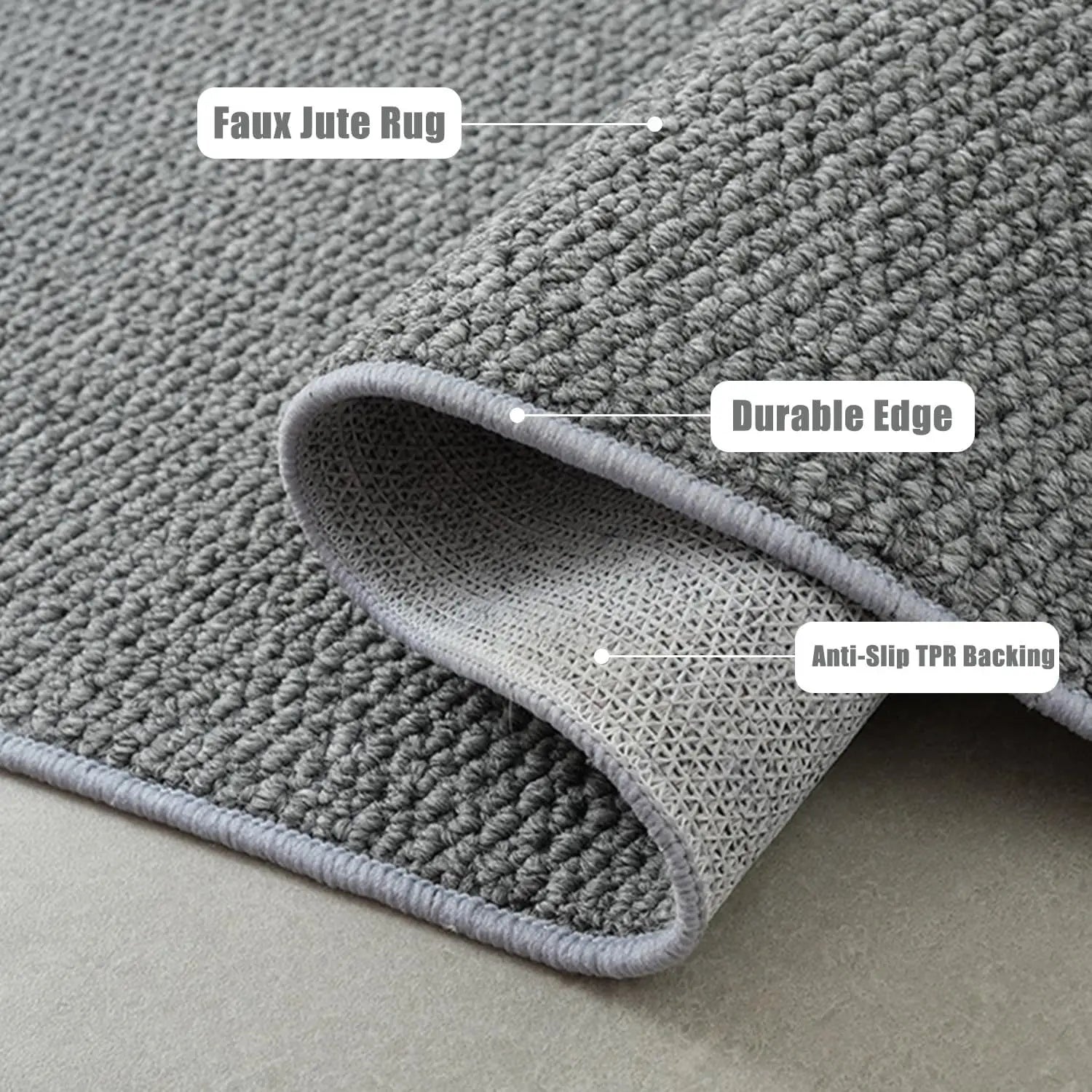 Gray faux jute rug with text labels on a neutral background