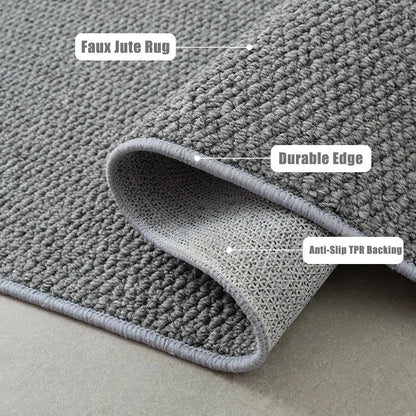 Gray faux jute rug with text labels on a neutral background