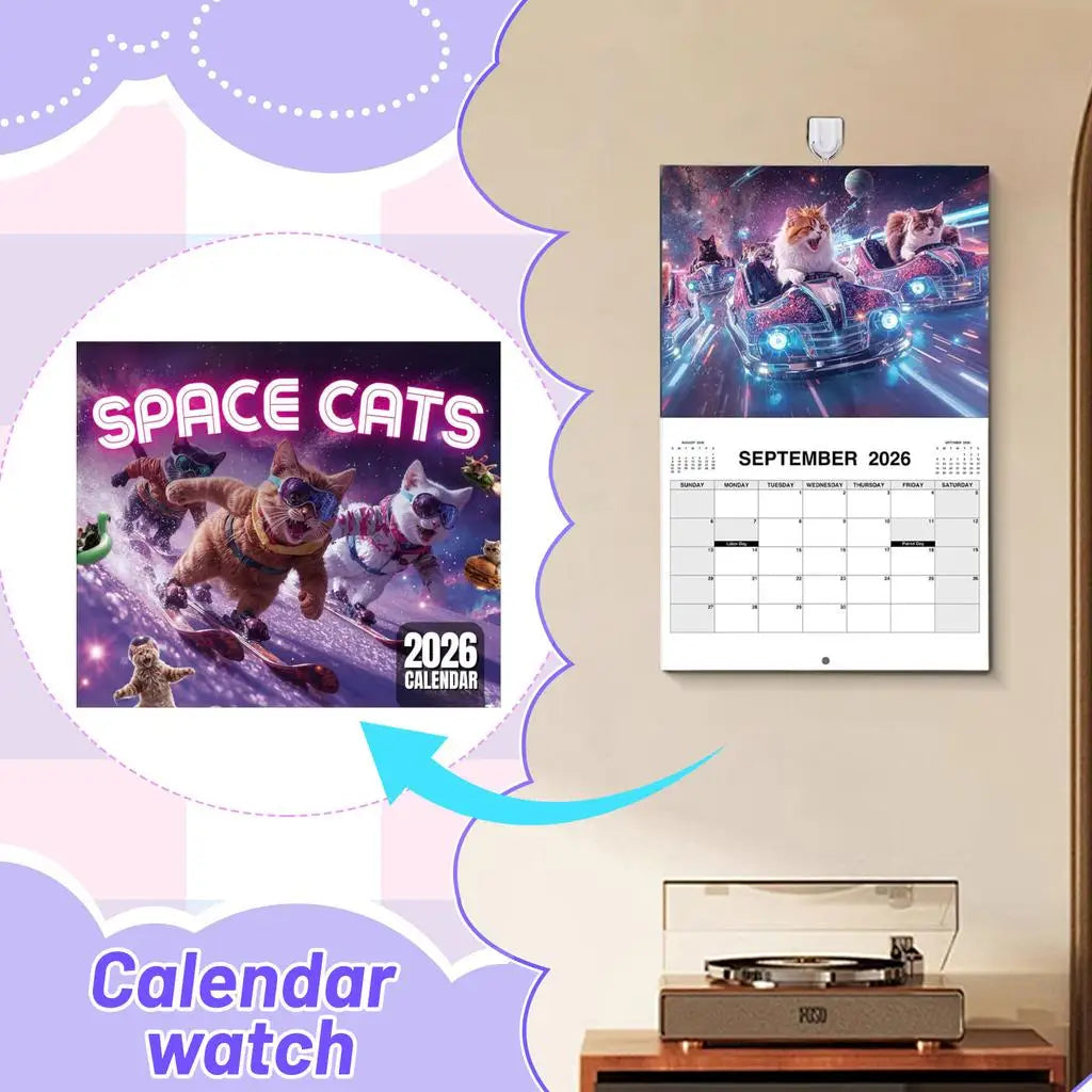 Calendar with 'Space Cats' design on a wall next to a record player.