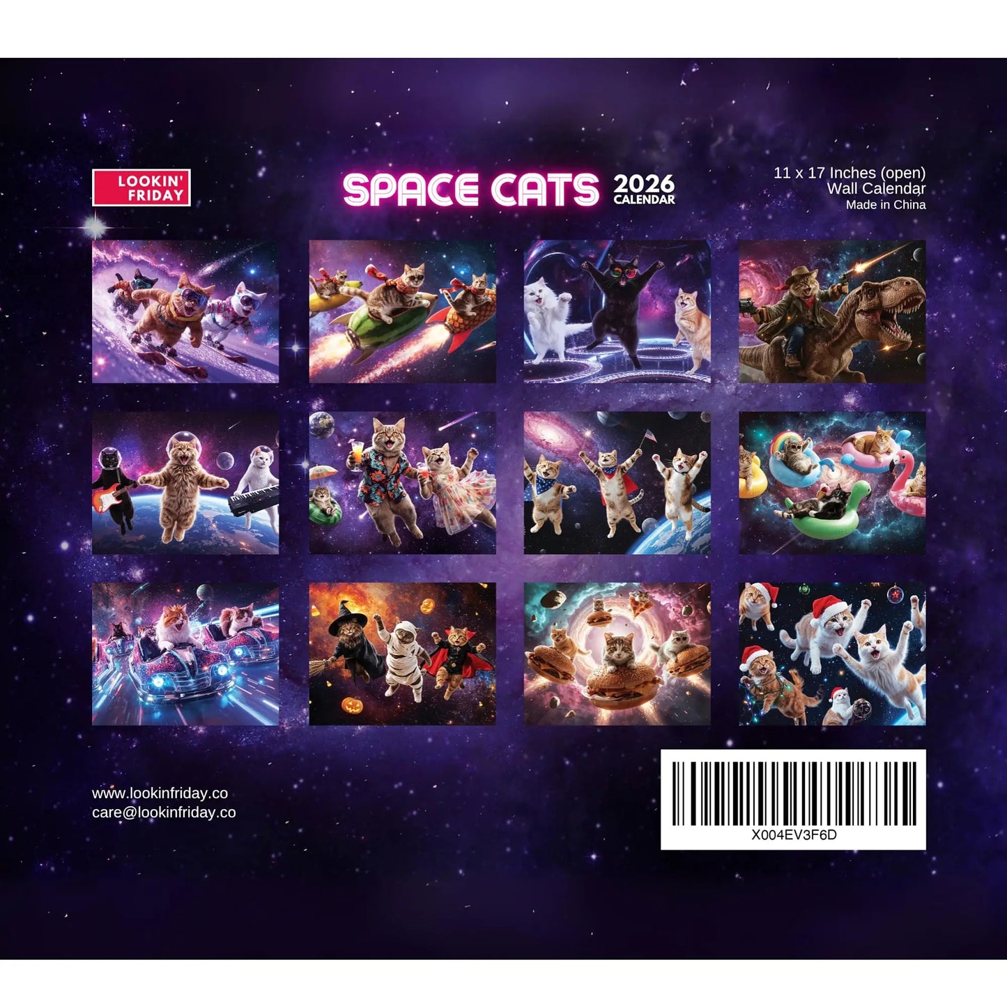 Space Cats 2024 calendar with various cat illustrations on a dark space-themed background.