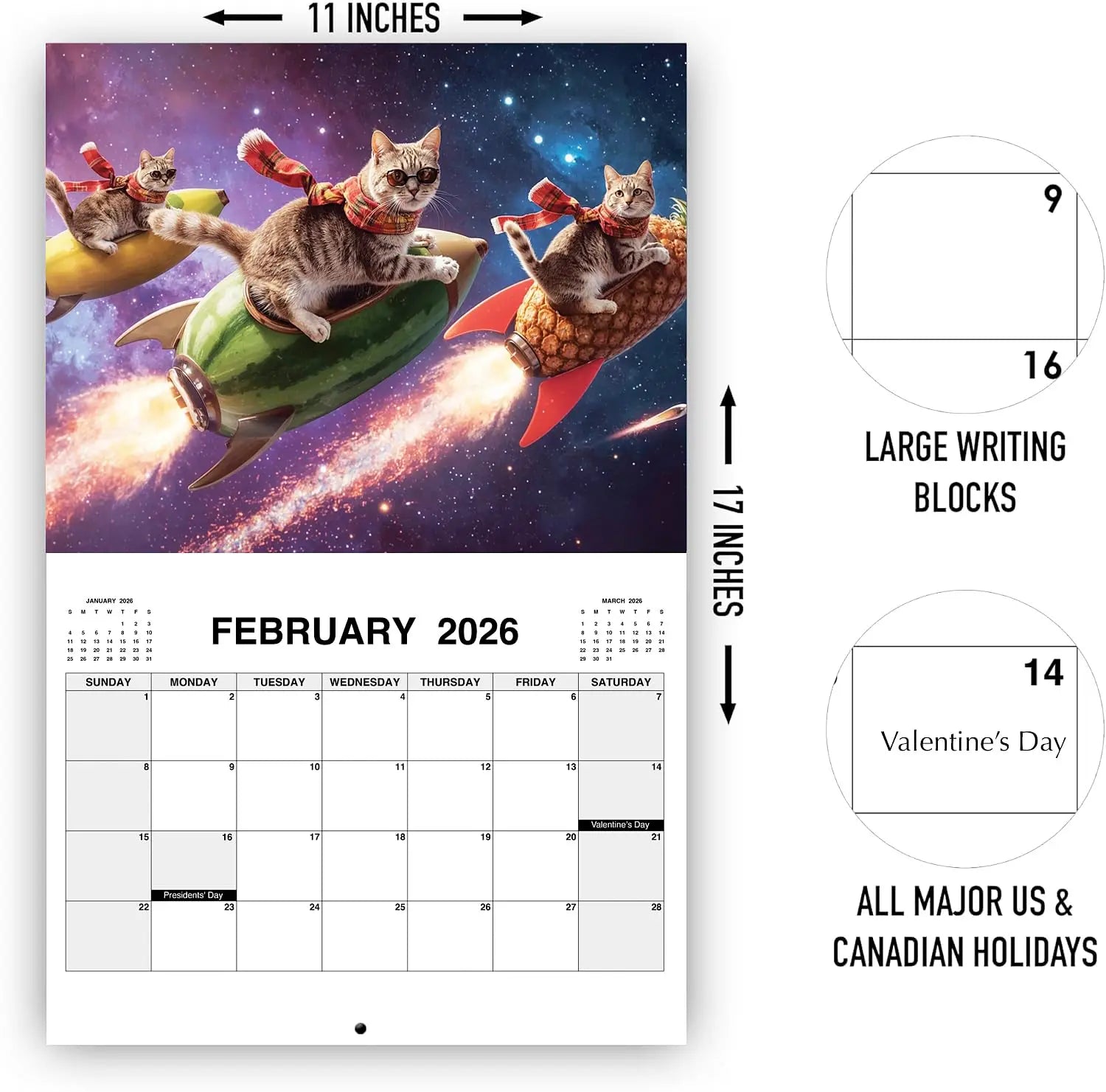 Calendar with cats on rockets in space, dimensions, and holiday information displayed.