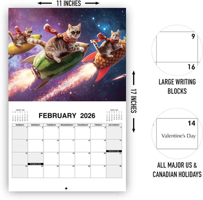 Calendar with cats on rockets in space, dimensions, and holiday information displayed.