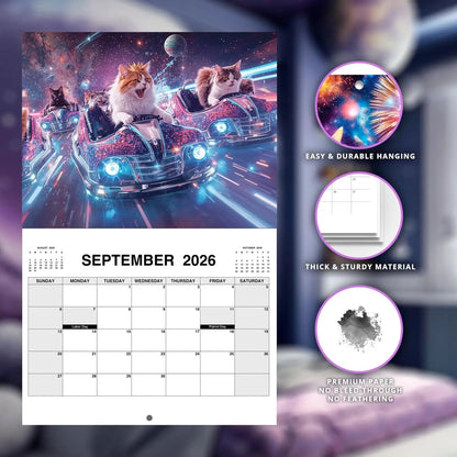 Calendar for September 2026 with space-themed design of cats in rockets, surrounded by product features.
