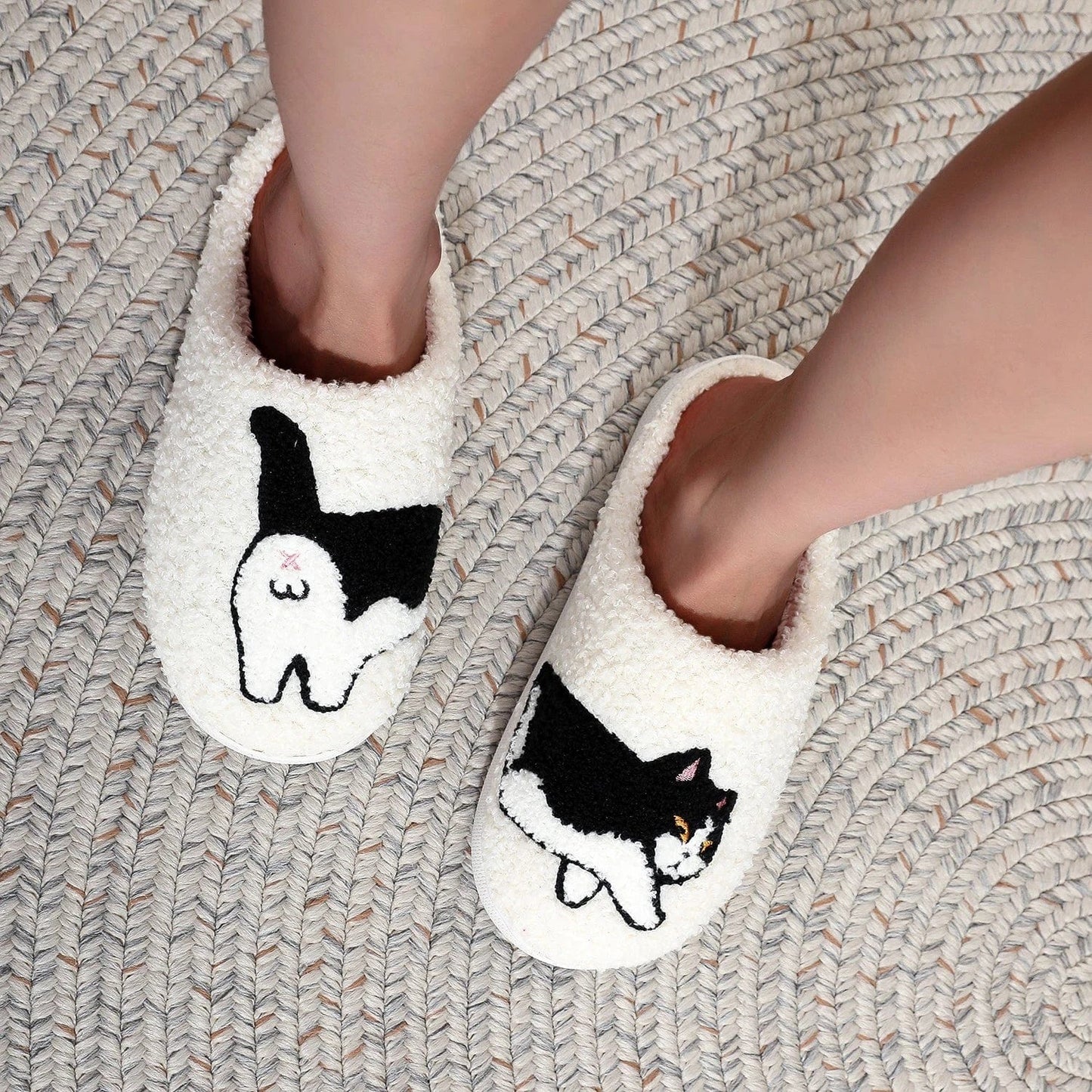 stuffed wool cotton black and white cat slippers