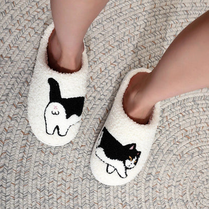 stuffed wool cotton black and white cat slippers