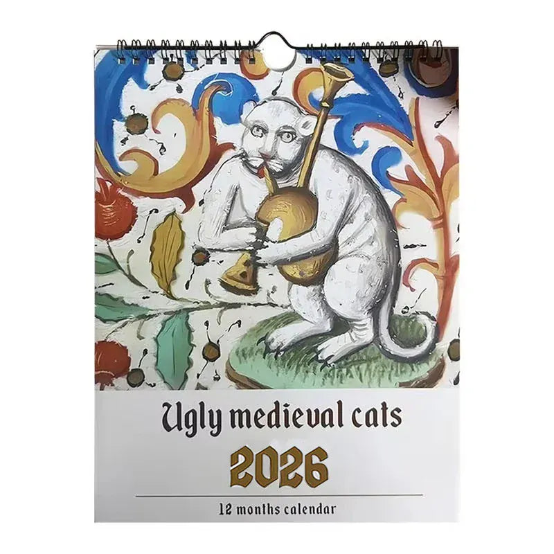 Calendar with a medieval-style illustration of a cat playing a horn on a decorative background, titled 'Ugly medieval cats 2026'.