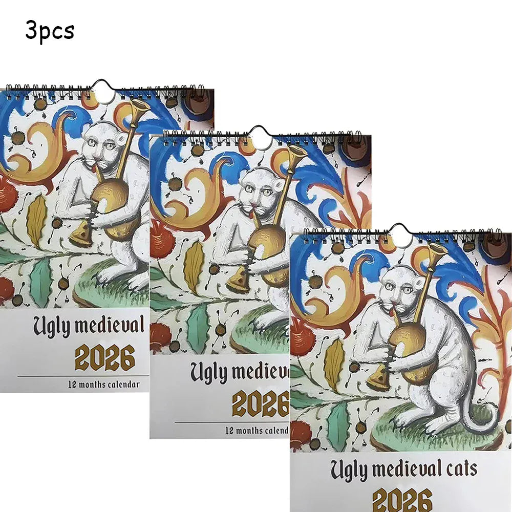 Three 'Ugly Medieval' 2026 calendars with decorative designs on a white background.