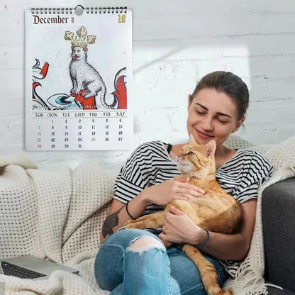 Woman sitting on a couch with a cat, calendar in the background