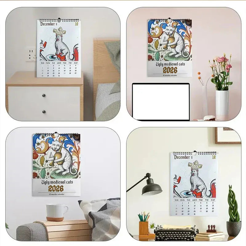 Collage of four images featuring a calendar with a cat design on a wall and desk.