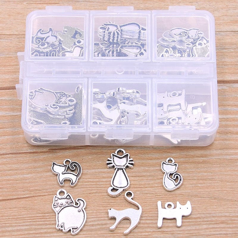Cat pendant kit box with 60 pieces 1 Set 60Pcs/Lot 2 Color 6 Styles Animal Charm Small Cat Pendant Kit With Box Material For DIY Jewelry Necklace Bracelet Making