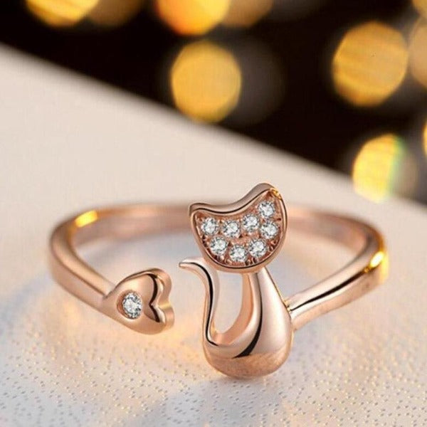 Gold Crystal Ring Lovely Cat Ring Charm Jewelry