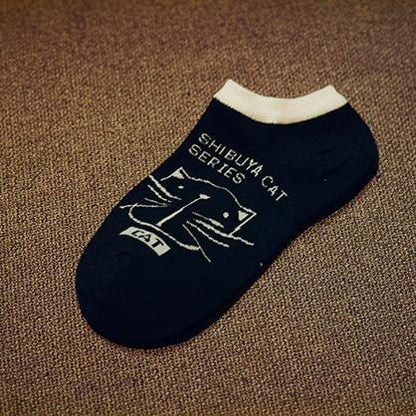 Black Cat Print Ankle Socks – Breathable Cotton Casual Socks