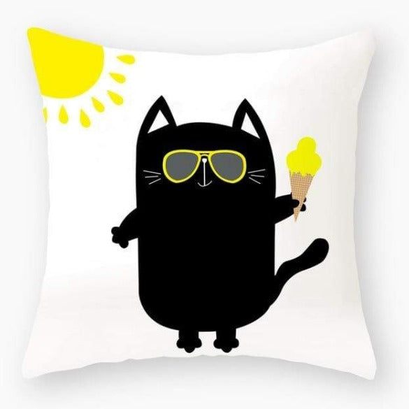 Black Cat with Sun & Glasses Pillow Cover