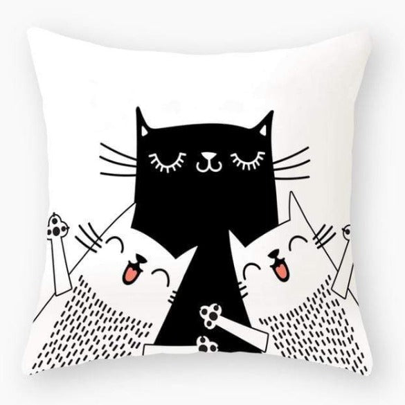 Black & White Cat Trio Pillow Cover – Playful Cat Art