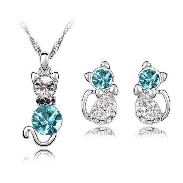 Blue Crystal Cat Jewelry Set Silver Rhinestone Design