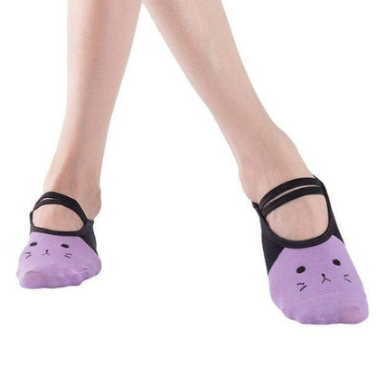 Lovely Cat Non-Slip Yoga Socks In Purple And Black  