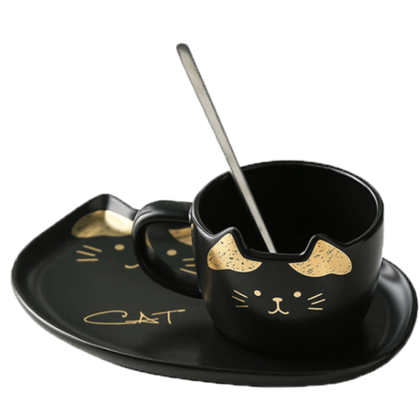 Cat Ceramics Plate & Cup Set In Black