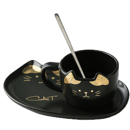 Cat Ceramics Plate & Cup Set In Black