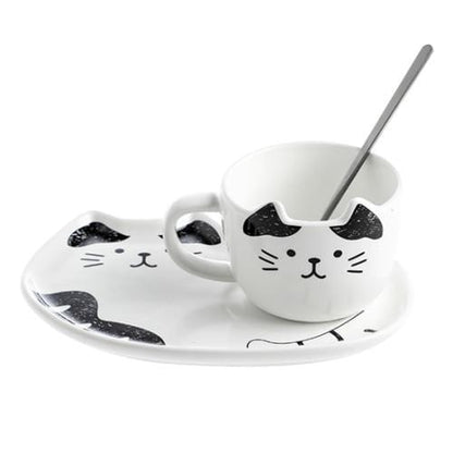 Cat Ceramics Plate & Cup Set In Black And White 
