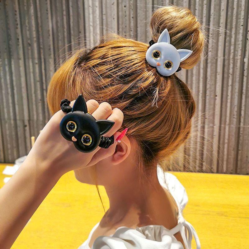 Cat Face Hair Tie Black Elastic Scrunchie Worn in Bun