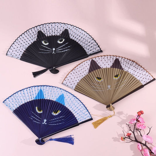 Cat Folding Handheld Fan Set – Bamboo & Silk Decorative Fans