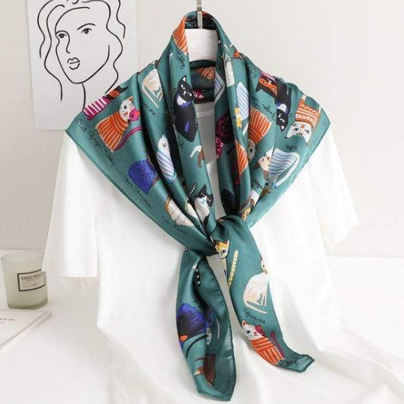 Cat Printed Square Silk Scarf | Elegant Women's Accessory