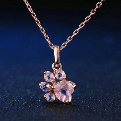 Cat Paws Rose Gold Necklace with Natural Rose Quartz Close-Up