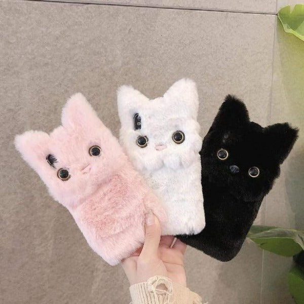 Cat Plush Faux Fur Cases Winter Warm Plush Phone Case For iPhone 14 XS XR X 13 12 11 Pro Max Cat Furry fluffy Fur Cover For iPhone 6 6S 7 8 Plus Cases