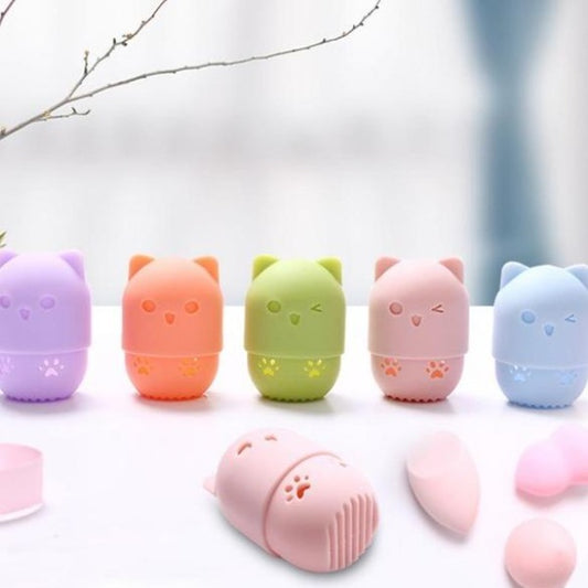 Shaped Cute Silicon Makeup Puff Powder 1Pcs Kitten Silicone Powder Puff Drying Holder Egg Stand Beauty Pad Makeup Sponge Display Rack Cosmetic Blender Case Puff Holder
