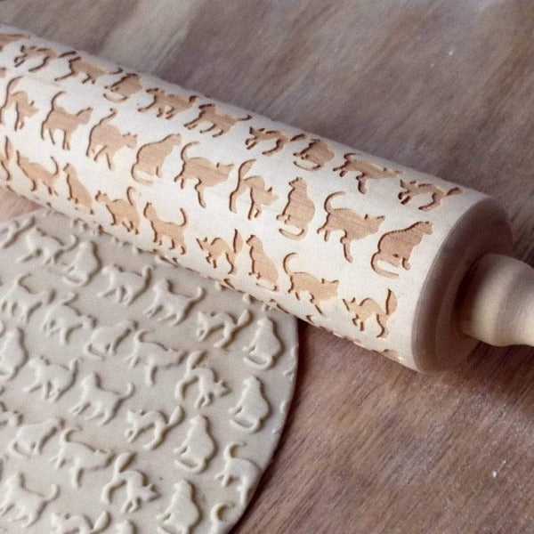 Cats Embossed Rolling Pin Wooden Cat Printed Rolling Pin Wooden Carved Embossed Rolling Pin Dough Roller Wood Rolling Pin Baking Accessories
