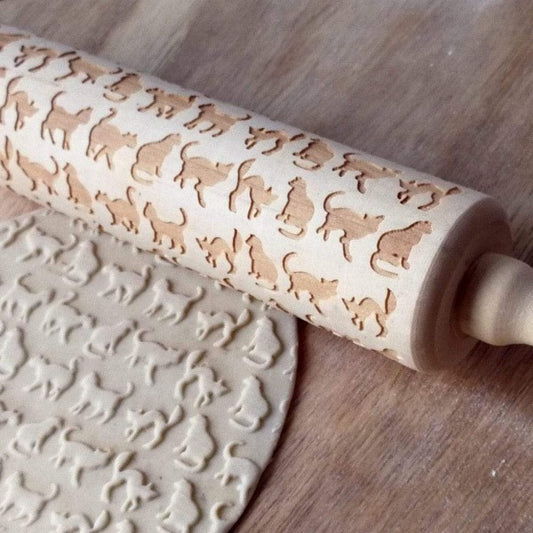 Cats Embossed Rolling Pin Wooden Cat Printed Rolling Pin Wooden Carved Embossed Rolling Pin Dough Roller Wood Rolling Pin Baking Accessories