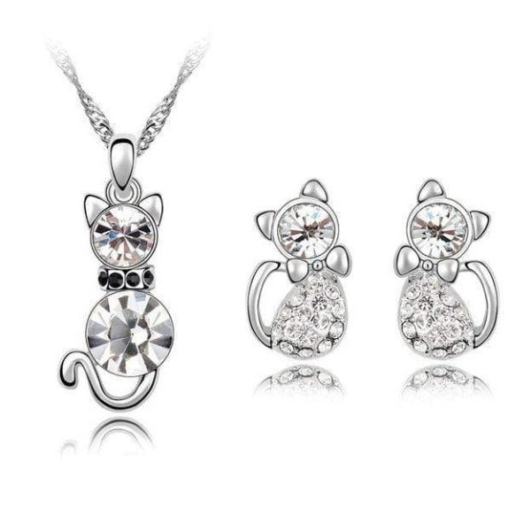Clear Crystal Cat Necklace and Earrings Classic Style