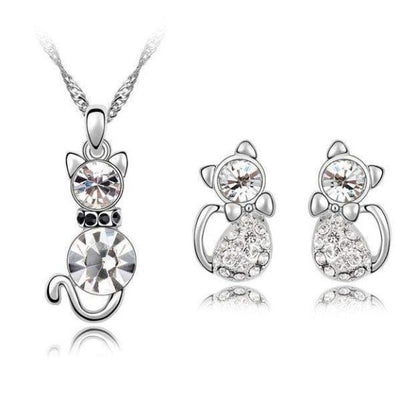 Clear Crystal Cat Necklace and Earrings Classic Style