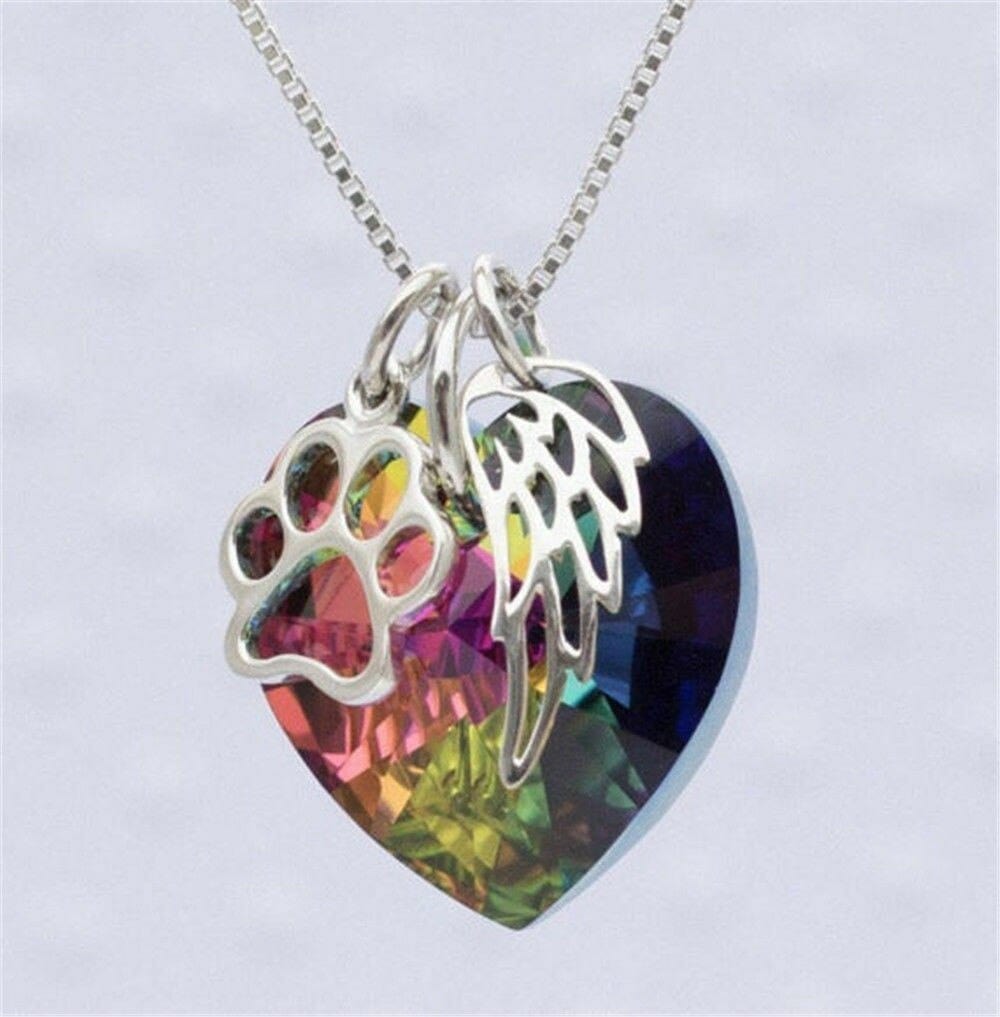 Colorful Heart Crystal with Silver Paw & Angel Wings Detail
