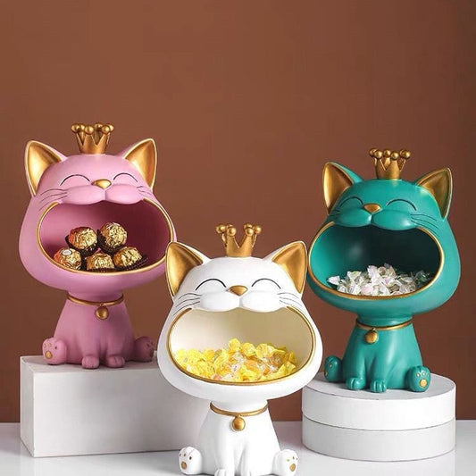 Crowned Cat Resin Statue Storage Figurines – Pink, Green & White Set