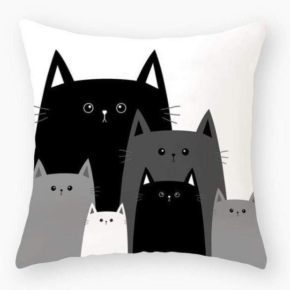 Cute Cat Friends Cushion Cover – Black & White Cartoon