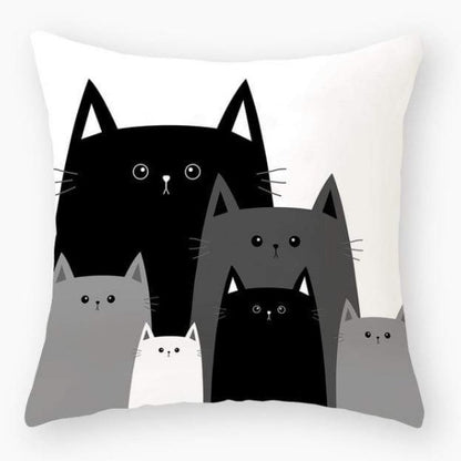 Cute Cat Friends Cushion Cover – Black & White Cartoon