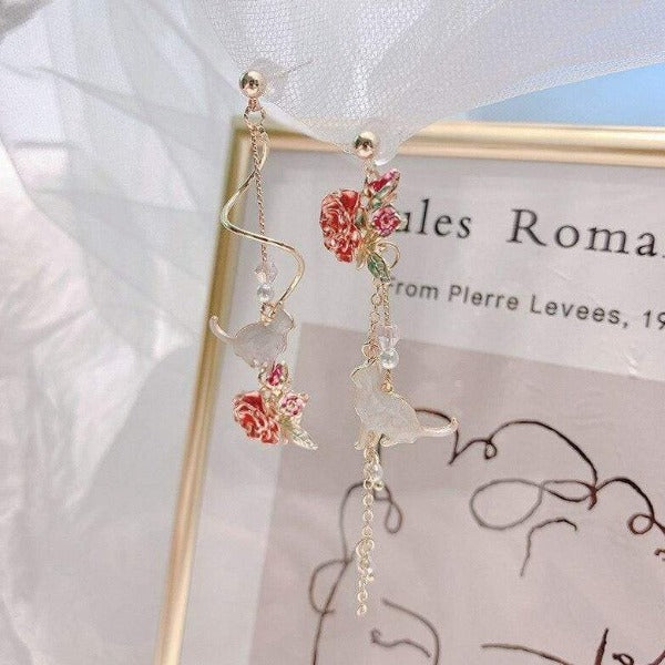 Elegant Rose Cat Earrings – Flat Lay Product Display