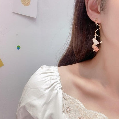 Gold Cat Flower Drop Earrings – Worn Side Profile View