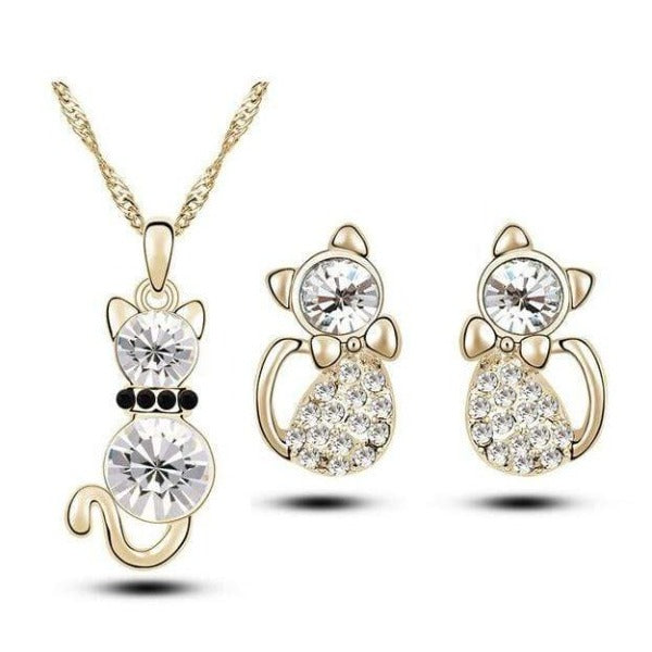 Gold Tone Crystal Cat Jewelry Set Elegant Rhinestone Design