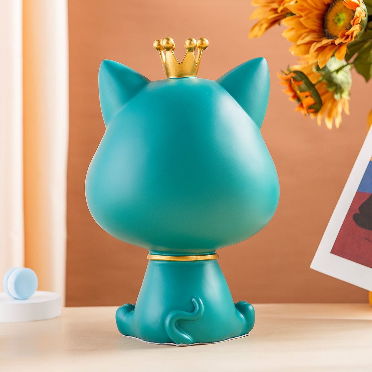 Green Crown Cat Figurine – Back View Resin Sculpture